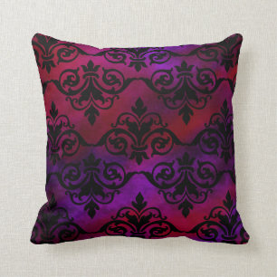 Goth Damask with Black over Purple and Red Throw Pillow