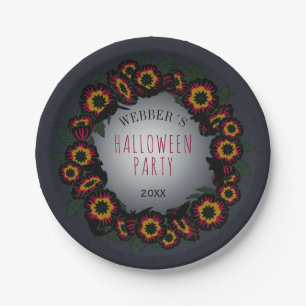 Goth dark floral and bats wreath paper plates