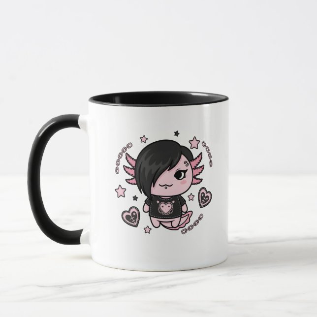 Goth E-Girl Axolotl with Pink Chains and Hearts Mug (Left)