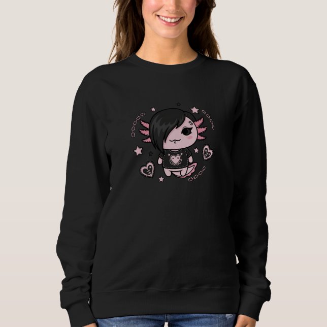 Goth E-Girl Axolotl with Pink Chains and Hearts Sweatshirt (Front)