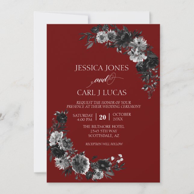 Goth Elegant Black Watercolor Flower Rose Invitation (Front)