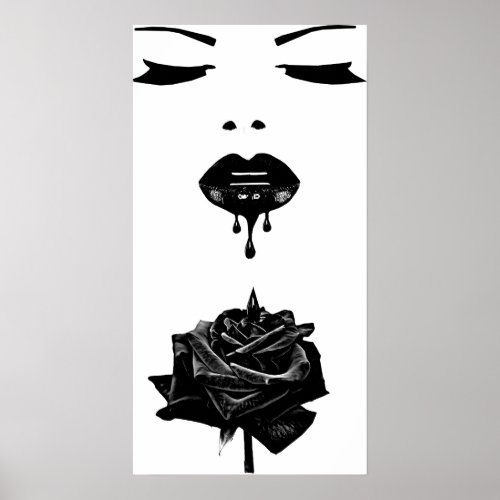 Goth Face Black Rose Lips Dripping Liquid Art Poster