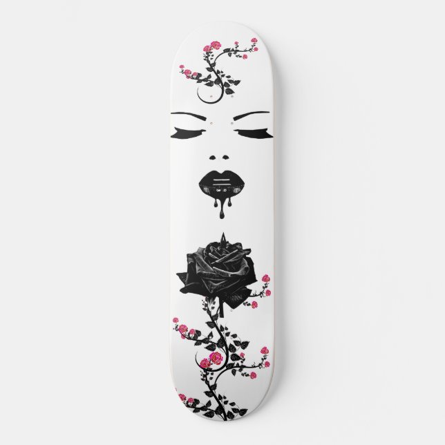 Goth Face Black Rose Lips Dripping Liquid Art Skateboard (Front)