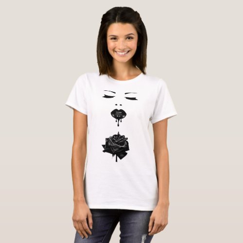 Goth Face Black Rose Lips Dripping Liquid Art T_Shirt