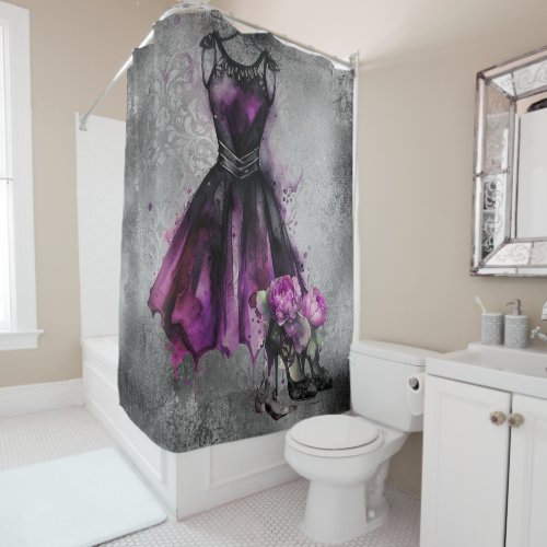 Goth Fashion  Purple Dress with High Heels Splat Shower Curtain