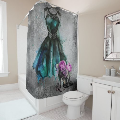 Goth Fashion  Teal Dress with High Heels Abstract Shower Curtain