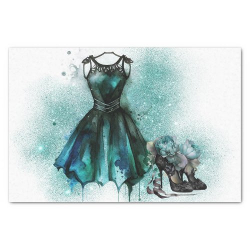 Goth Fashion  Teal Dress with High Heels Abstract Tissue Paper