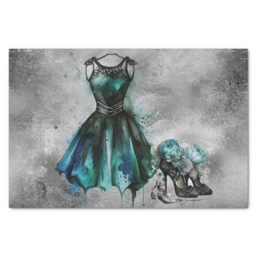 Goth Fashion  Teal Dress with High Heels Abstract Tissue Paper