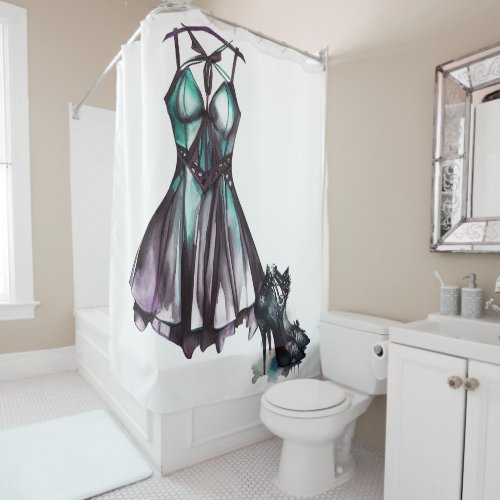Goth Fashion  Violet and Teal Dress with Heels Shower Curtain