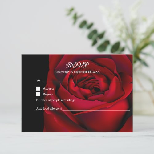 Goth Floral Moody Dark Red Rose Black Wedding RSVP Card