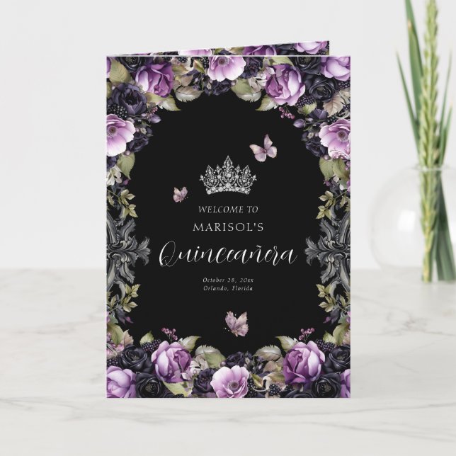 Goth Floral Quinceanera Princess Padrinos Event Program (Front)