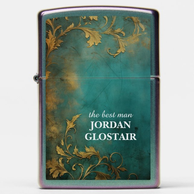 Goth Floral teal And Gold Best Man  Zippo Lighter (Front)