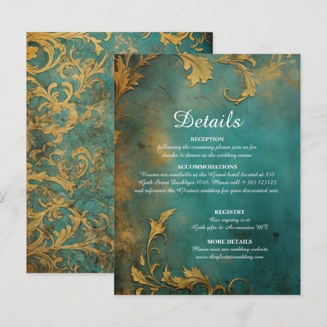 Goth Floral Teal And Gold Enclosure Card (Front/Back)