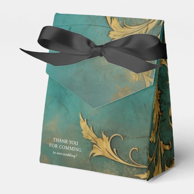 Goth Floral Teal And Gold Favor Boxes (Front Side)
