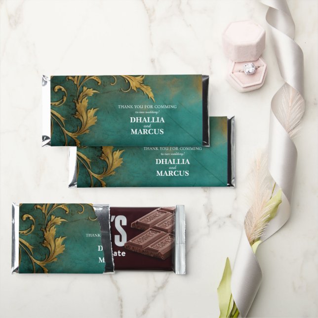 Goth Floral teal And Gold  Hershey Bar Favors (Front)