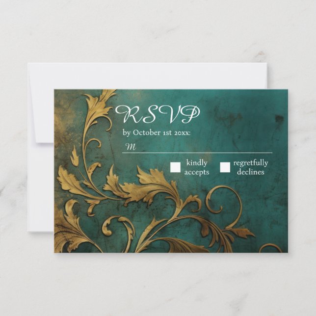 Goth Floral Teal And Gold RSVP Card (Front)