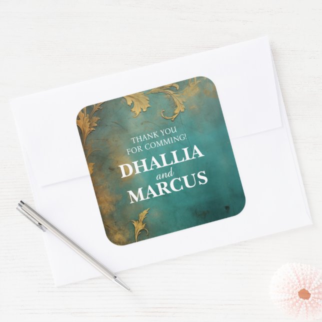 Goth Floral Teal And Gold Square Sticker (Envelope)