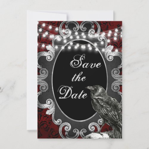 Goth Frame Crow and Lights on Red Gothic Wedding Save The Date