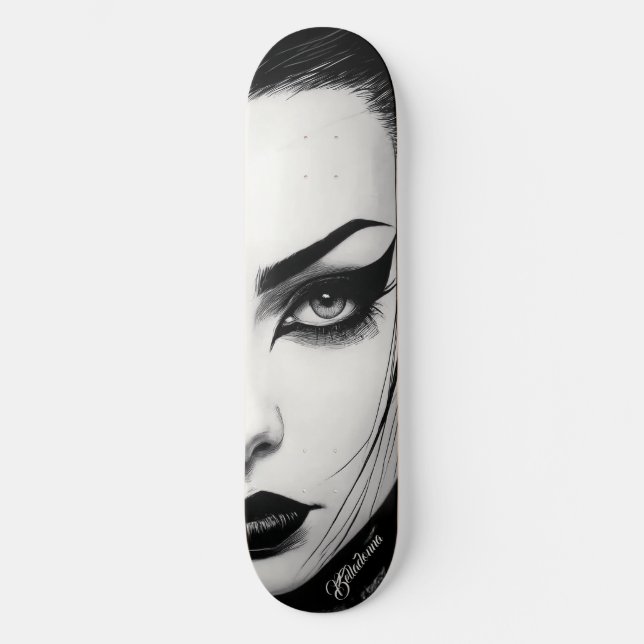 Goth girl bold ink drawing skateboard (Front)