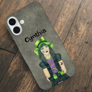 Goth Girl Green Black Hair Tattoos Grey iPhone 16 Plus Case
