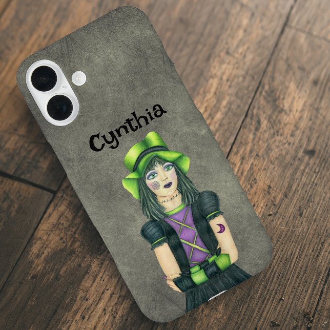 Goth Girl Green Black Hair Tattoos Grey Case-Mate iPhone Case (Goth girl green hat  and hair with spiderweb and moon tattoos on yellow grey iPhone case.)