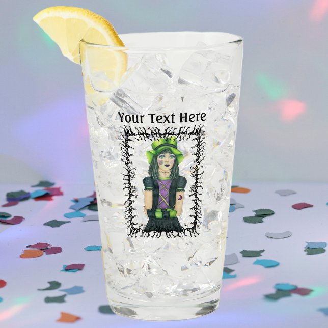 Goth Girl Green Eyes Hat Tattoo Barbed Stick Frame Glass (Goth girl floppy green hat tattoos in barbed branch black frame on drinking glass.)