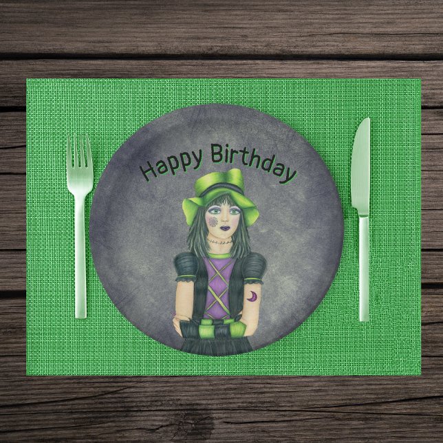 Goth Girl Green Hair Tattoos Dark Grey Birthday Paper Plates (Pretty Goth girl green hair hat tattoos on grey glowing green Happy birthday paper party plates.)