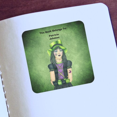 Goth Girl Green Hat Tattoos Grungy Green Square Sticker