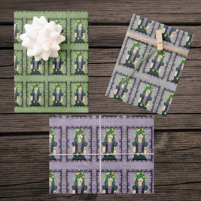 Goth Girl Green Hat Tattoos in Barbed Branch Frame Wrapping Paper Sheets (Cute Goth Girl green hat tattoos black barbed branch frame on green, grey and purple gift wrap sheet)