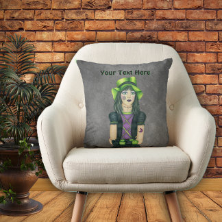 Goth Girl Green Hat Tattoos on Grey Throw Pillow