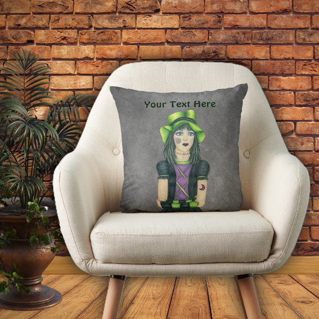 Goth Girl Green Hat Tattoos on Grey Throw Pillow (PRetty goth girl green hat black dress tattoos on dark grey throw decorative pillow.)