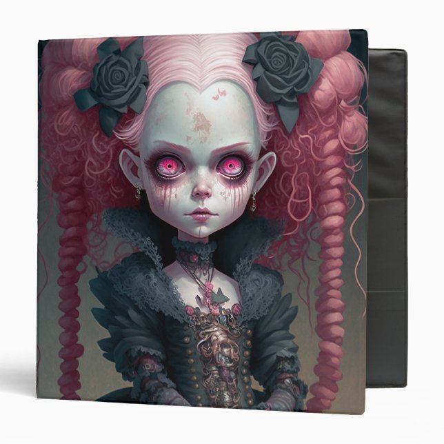 Goth Girl Pink Black Creepy Cute 3 Ring Binder (Front/Inside)