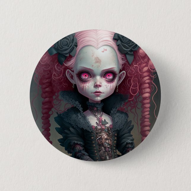 Goth Girl Pink Black Creepy Cute Button (Front)