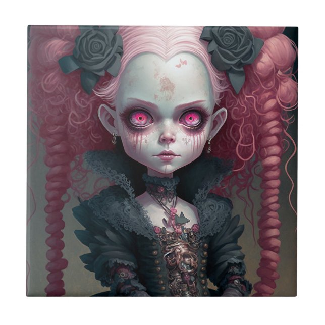 Goth Girl Pink Black Creepy Cute Ceramic Tile (Front)