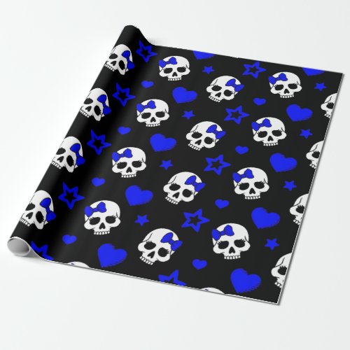 Goth Girl Skulls on Dark Blue Wrapping Paper