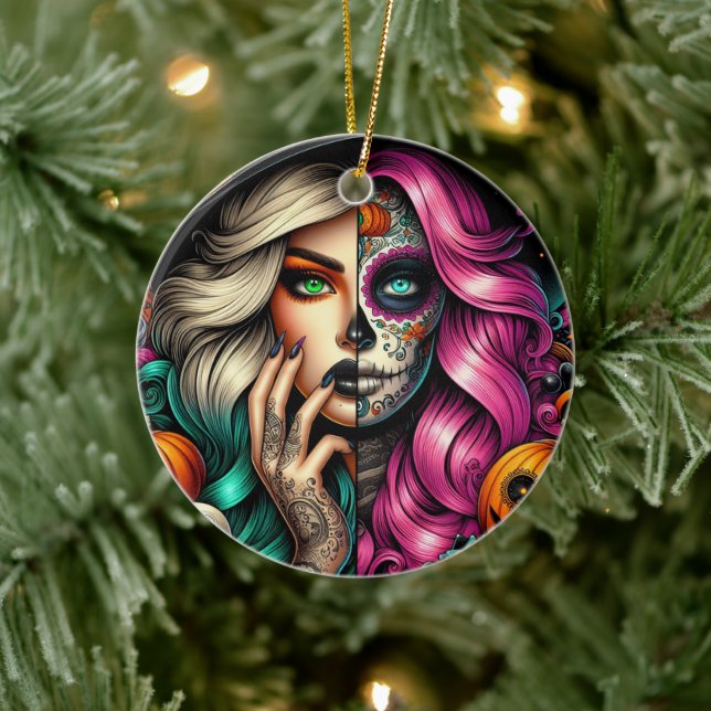 Goth Girl Sugar skull Ceramic Ornament (Tree)