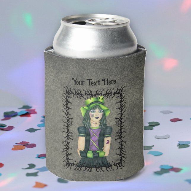 Goth Girl Tattoos Barbed Branch Frame Grunge Grey Can Cooler (Goth girl green hat tattoos in black barbed branch frame on grungy grey drink can cooler.)