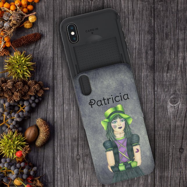 Goth Girl Tattoos Green Hat on Grey With Yellow Uncommon iPhone Case (Goth girl green hat gloves tattoos on dark grey with yellow glow iPhone wallet case.)