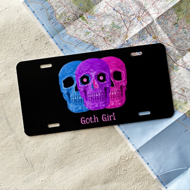 Goth Girl Three Skulls Pink Purple Blue Cute License Plate (In Situ)