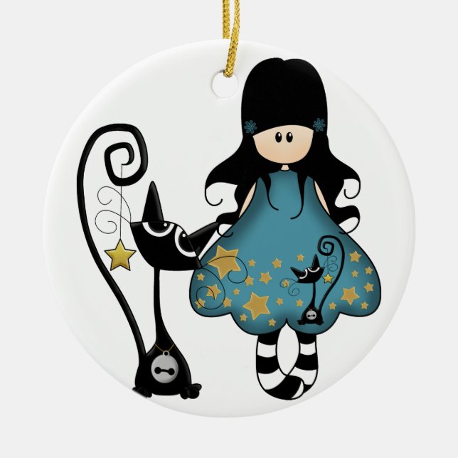 Goth Girl with Cat Ceramic Ornament (Front)