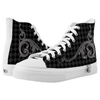Goth Gray and Black Ornate Design High-Top Sneakers