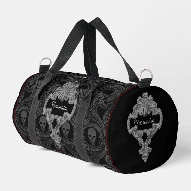 Goth Gray Ornament with Skull Personalized Duffle Bag (Left Corner)