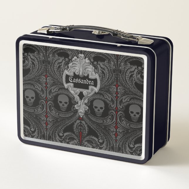 Goth Gray Ornament with Skull Personalized Metal Lunch Box (Back)