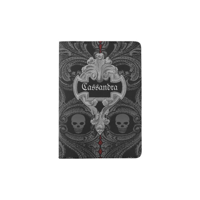 Goth Gray Ornament with Skull Personalized  Passport Holder (Front)