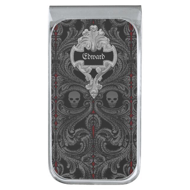 Goth Gray Ornament with Skull Personalized Silver Finish Money Clip (Front Vertical)