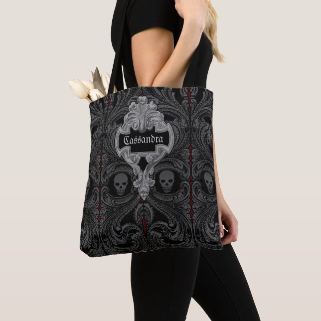Goth Gray Ornament with Skull Personalized Tote Bag (Close Up)