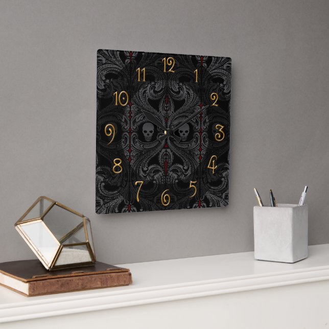 Goth Gray Ornament with Skull  Square Wall Clock (Office)