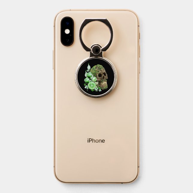 Goth Green Floral Tree Skull Phone Ring Stand (On Phone)