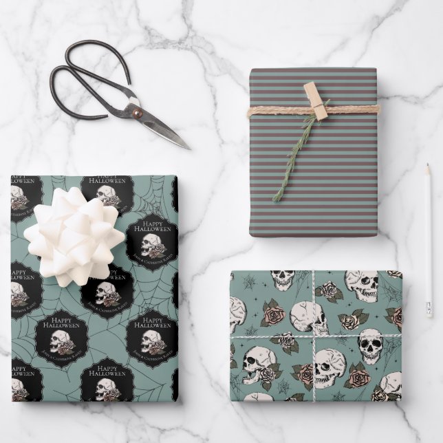 Goth Green Skulls and Stripes Halloween  Wrapping Paper Sheets (Front)