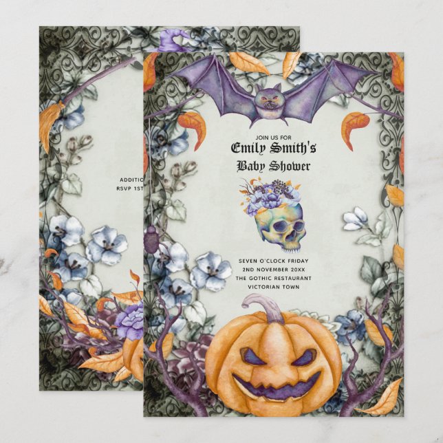Goth Halloween Baby Shower Purple Orange Skulls Invitation (Front/Back)